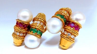 3ct Natural Ruby Emerald Sapphire Pearl clip Earrings 18kt** - Image 1 of 4