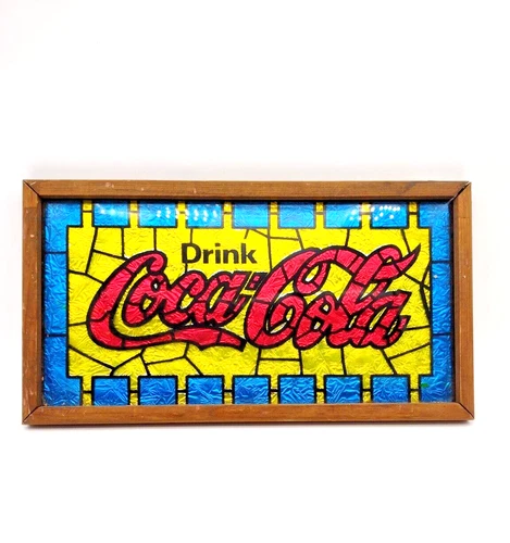 Vtg Coca-Cola Coke Soda Foil Sign Wooden Wood Frame Advertisement Stained Glass