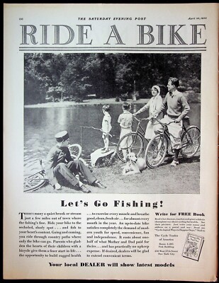 Ride A Bike And Let's Go Fishing 1921 Photo Ad Family & Dog Fishing