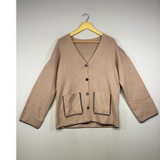 Minimalist Neutral Women XL Khaki Beige Contrast Stitch Oversized Cardigan