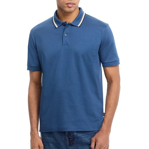Hugo Boss Herren BOSS Penrose Tipped SS Baumwolle Poloshirt Logo Slim Fit Mittelblau - Bild 1 von 4