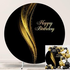 Black and Gold Happy Birthday Round Backdrop Cover 7.2ft Black Background for...