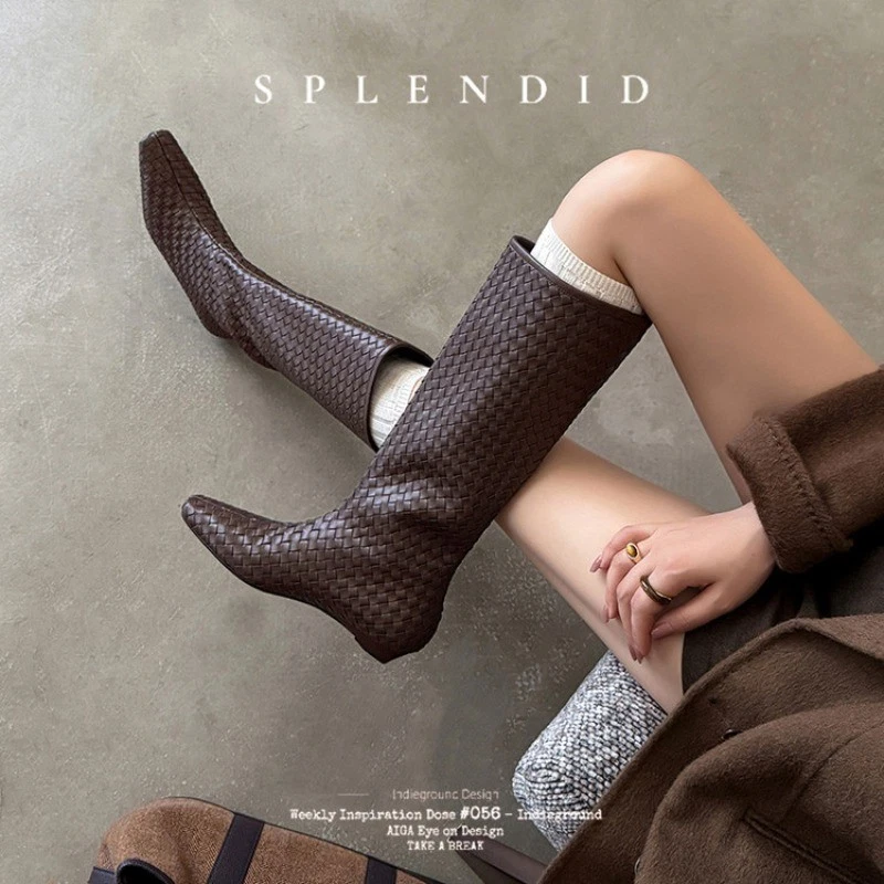 Moda Mujeres Tacones Altos Botas Hasta la Rodilla Punta Cuadrada Tejido Cuero Botas Altas Talla Foto 4 de 4