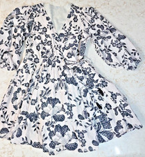 Farm Rio Anthropologie Black White Floral Boho Wrap Mini Dress Long Sleeve S EUC