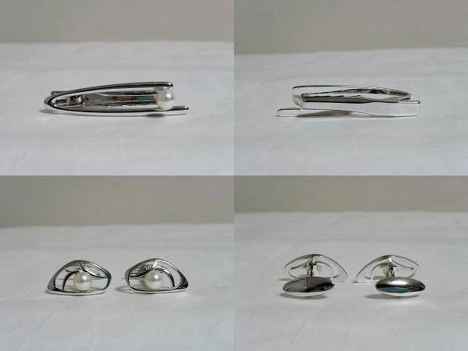Barra de clip de corbata gemelos de plata perla grande MIKIMOTO #694 Foto 2 de 4