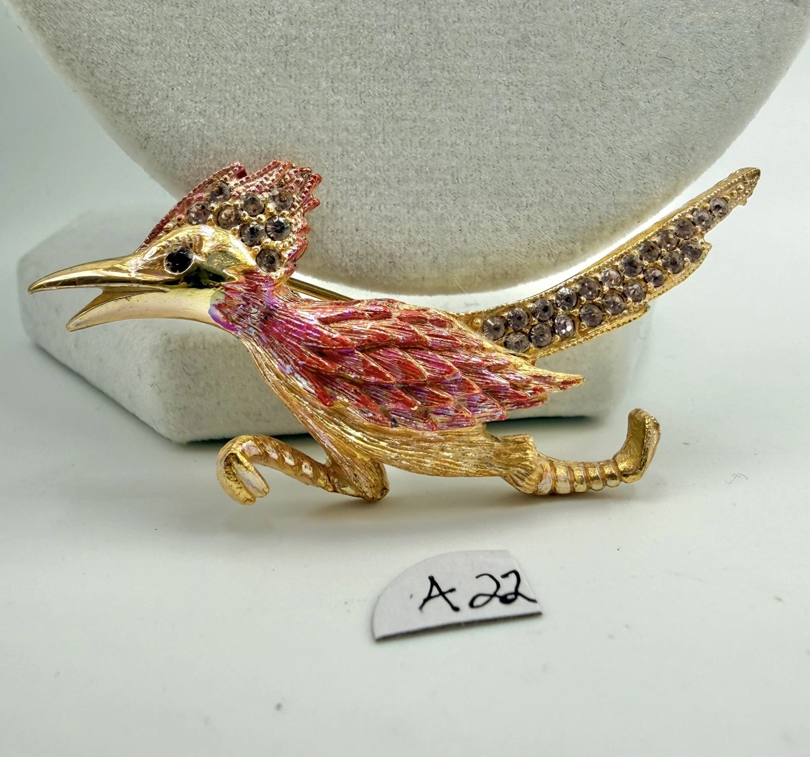 Vintage UltraCraft Roadrunner Bird Brooch Rhinestone Enamel Figural Pin