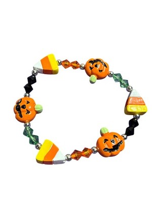 Halloween Stretchy Bracelet Beaded Jack O Lanterns Candy Corn 6.75'' Unstretched