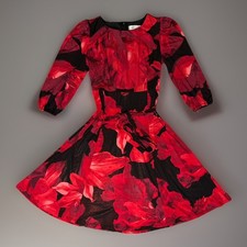 NWT KASPER Red & Black Dress Floral Fit & Flare Glimmer W/Belt Petite Medium