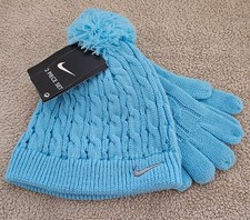 NIKE Girls Pom Pom Hat  Gloves Set, Size 4-6X, Blue Color, NWT.100 Authentic