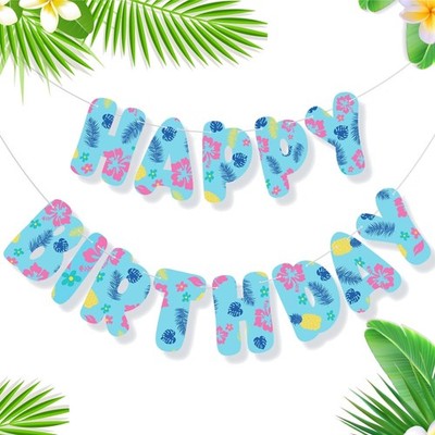 Blue Birthday Banner Cartoon Tropical Luau Palm Leaves Summer Party
