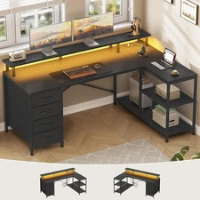 L Shaped Computer Desk with 4 Drawers and Storage Shelves, Corner Office Desk