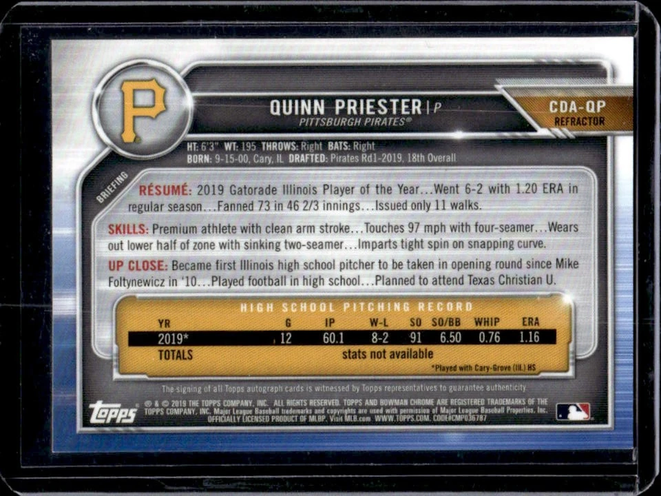 2019 Bowman Draft Quinn Priester Chrome Auto 1st Refractor #267/499 - Image 2 of 2