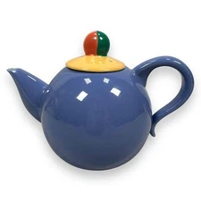Vintage Lindt Stymeist Colorways Teapot 6" Blue Yellow Salmon w/ Lid Japan