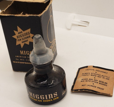 Antique Higgins American India Ink Bottle Black Drawing Ink #4415 with Box