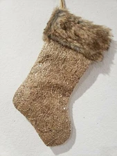 Christmas Holiday Faux Fur Sequins Tan Sparkle Stocking 17.5" PICK QTY New