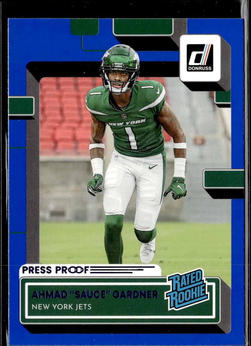 2022 Donruss #328 Ahmad "Sauce" Gardner Blue Press Proof Rated Rookie Jets RC