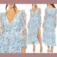 NEW $498 IEENA Mac Duggal [ 4 ] Puff Sleeve Floral Printed Midi Dress Aqua G1553