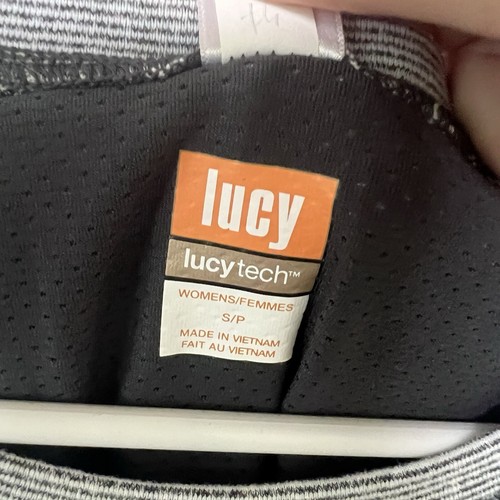 Lucy Womens Small Grey White Long Sleeve Stripe Athletic Work Out T-Shirt - Picture 3 of 7