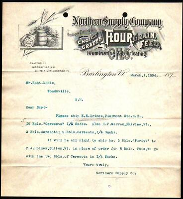 #ad Northern Supply Co 1894 Burlington Vt Flour Grain History Letter Head Bill $195.00