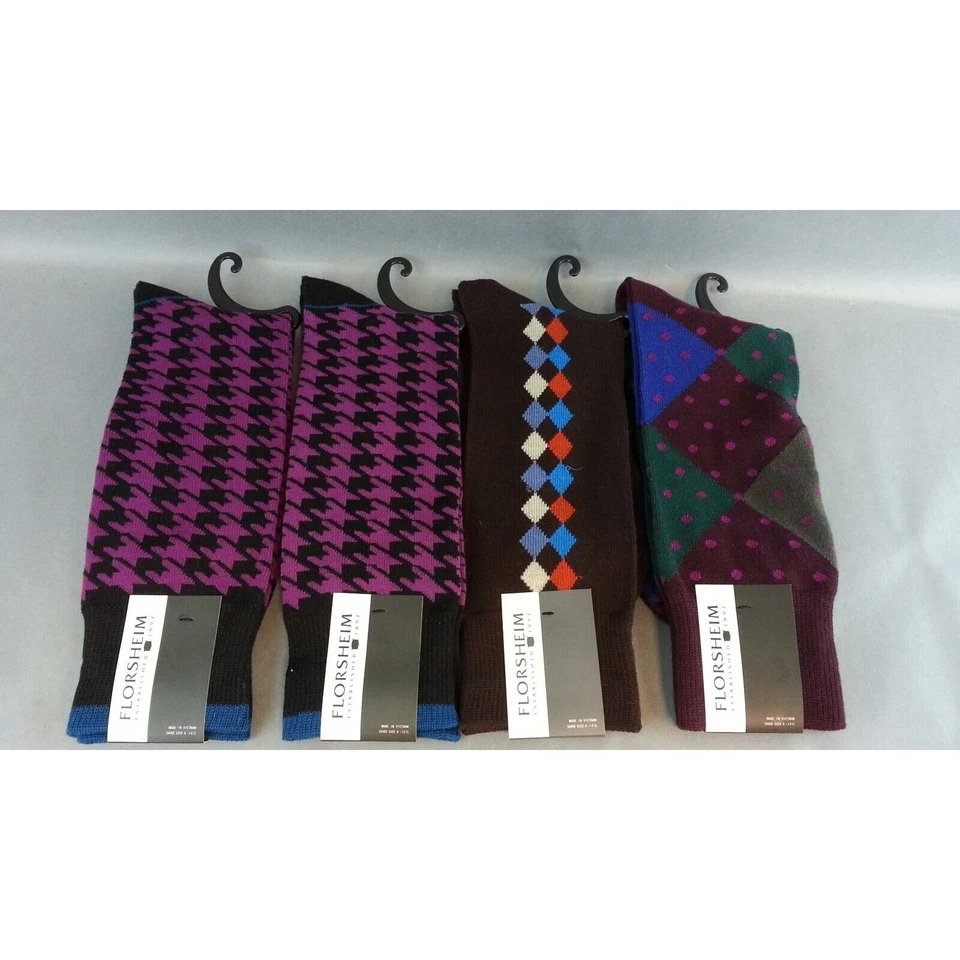 Nuevo con etiquetas Lote de 4 Pares Conjunto Florsheim Hombres Calcetines Preppy Divertidos Púrpura Negro Marrón Foto 2 de 4