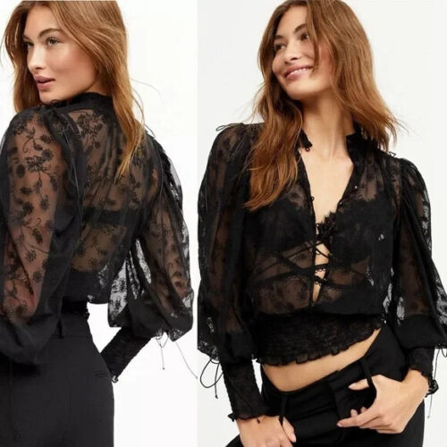 For Love And Lemons Women's Midnight Black Floral Lace Crop Top Size Medium NWT