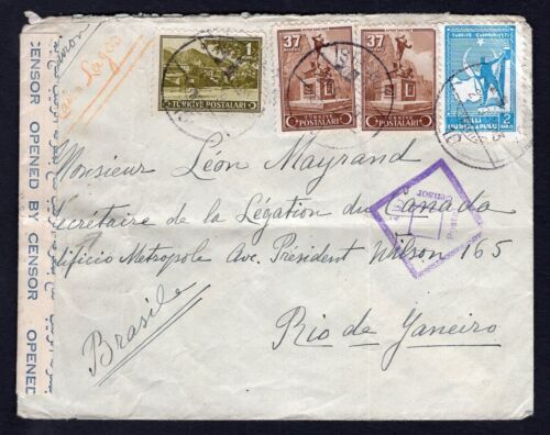 TURKEY 1943 Airmail Cover to Brazil, Canadian Legation; via Egypt & Nigeria