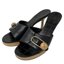 CHANEL Vintage 02P CC Logo Sandals Heels Mules 36-36.5 Black Leather Buckle