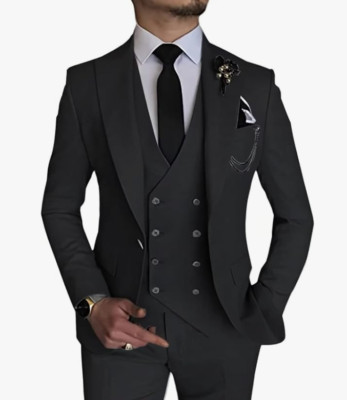 WANGYUE Men's Slim Fit Suit Black 3 Piece M 40R 34W Notch Lapel 1 Button