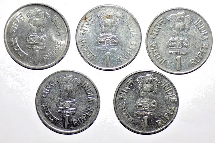 1994 - 2004 - INDIA REPUBLIC 5 FUPEE COMMEMORATIVE 5 STEEL COINS LOT - 5 GRAM EC - Image 4 of 4