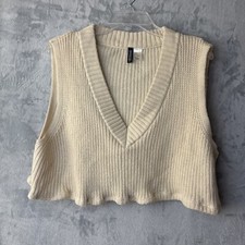 H M Divided Sweater Vest Size Med Womens V Neck Cream Beige Cropped Ruffle