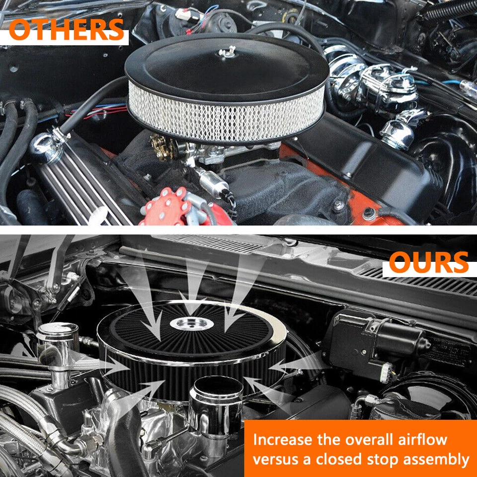 High Flow 14"x3" Black Round Thru Washable Air Cleaner w/ Chrome Lid For SBC BBC - Image 2 of 4