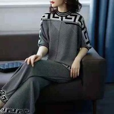 Two piece Women's Knitwear Casual Sets Pullover Tops Wide leg Pants Female