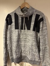 Victorias Secret Pink Logo Graphic Quarter-Zip Pullover Sweatshirt Gray Marl L