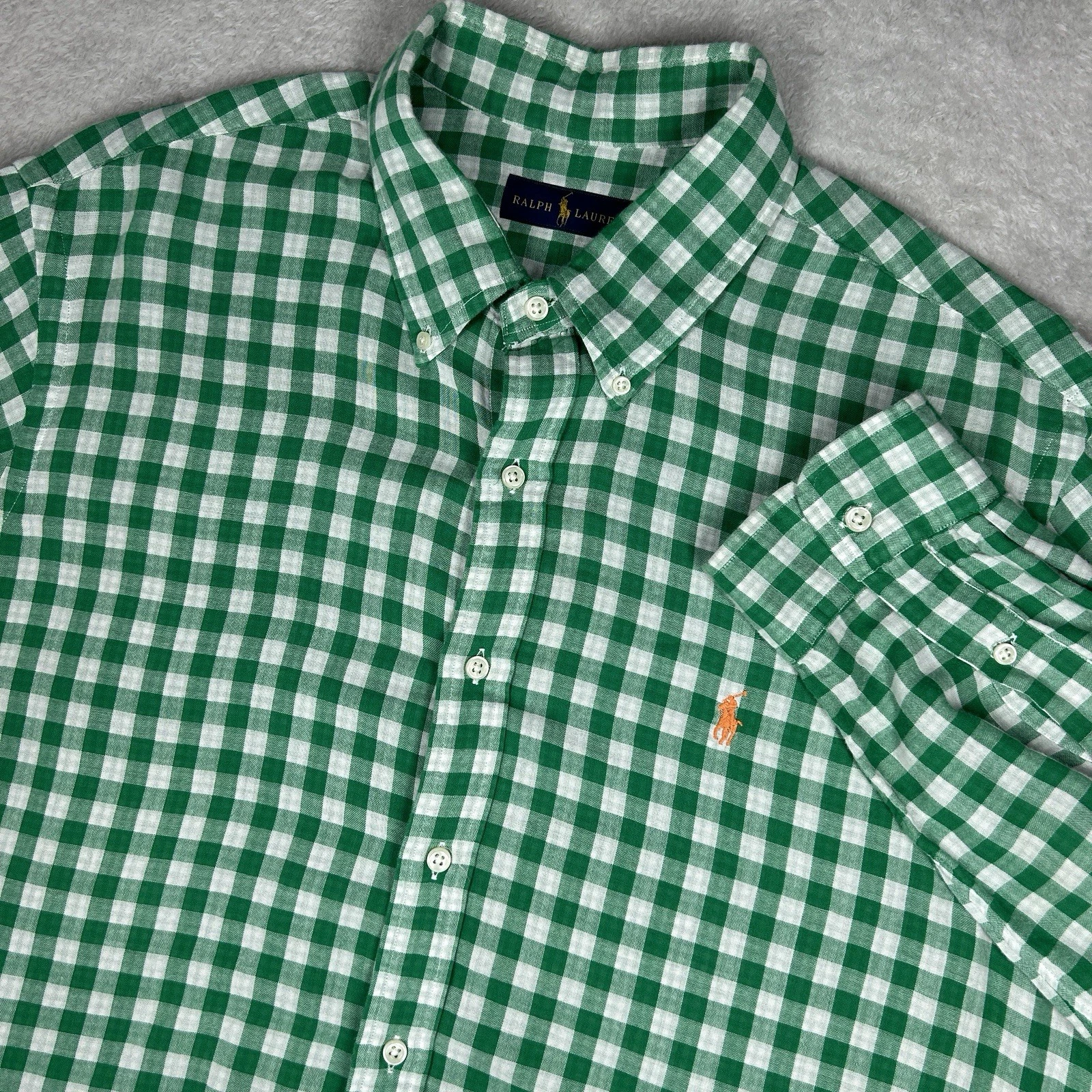 Polo Ralph Lauren Shirt Men 2XL Lined Thicker Gingham Check Button Up Pony Green