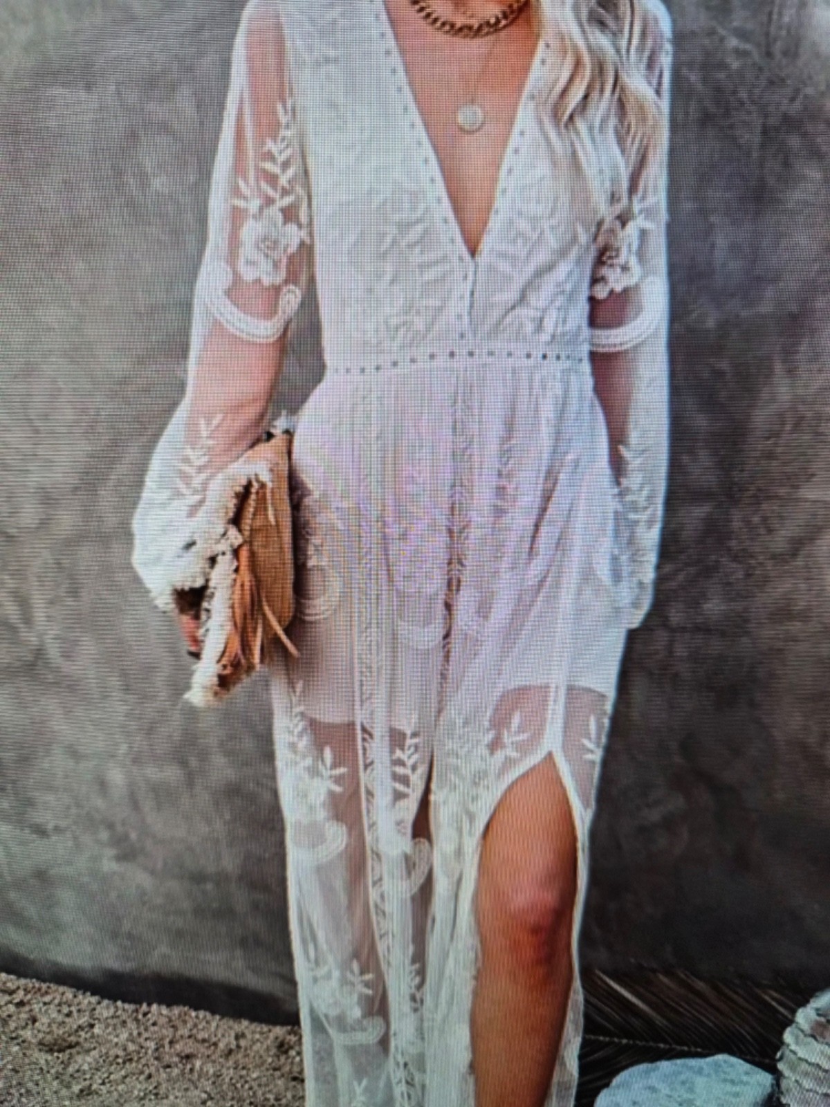 Sexy Wedding Boho V-Neck Romantic Western Glam Vintage Women's Lace Dress L