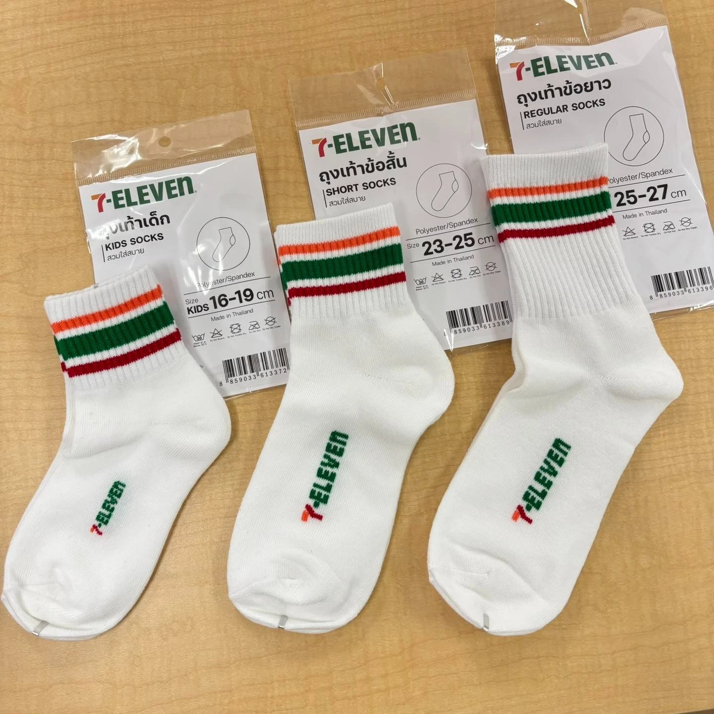 7-Eleven Thailand Socks 3 Pack Complete Set Official Stripe Crew Ankle Kids