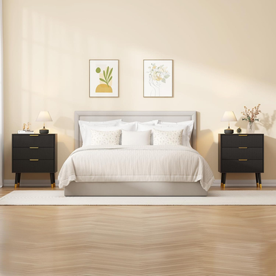 Fluted 3 Drawer Dresser Set of 2, Large Modern Nightstand Cabinet with Gold  Meta | eBay