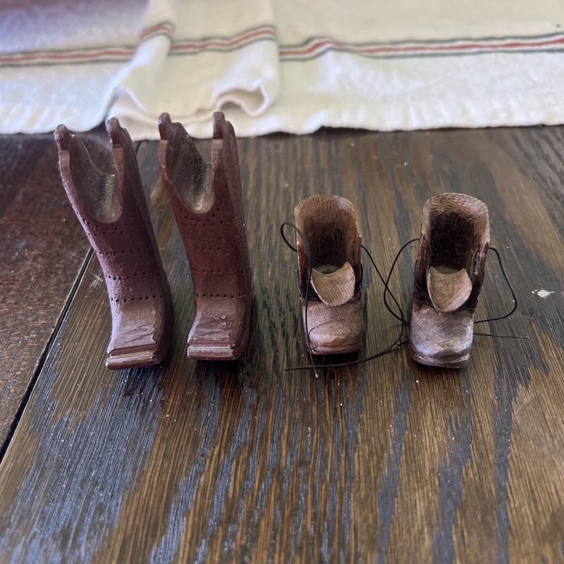 Vtg Folk Art Wooden Boot/Shoe w/ Leather Laces Hand Carved Set Of 2