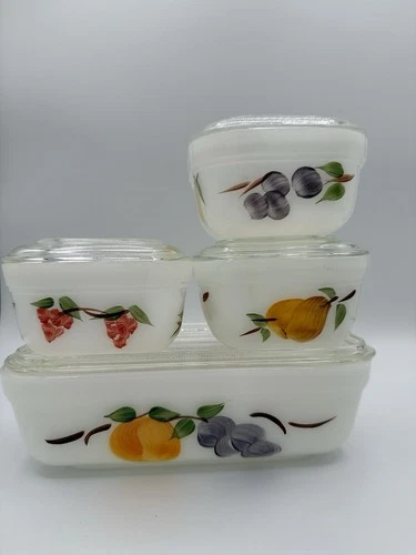 Fire King Gay Fad Fruits - Set of 4 Oven/Fridge Dishes with Lids - MCM Vintage