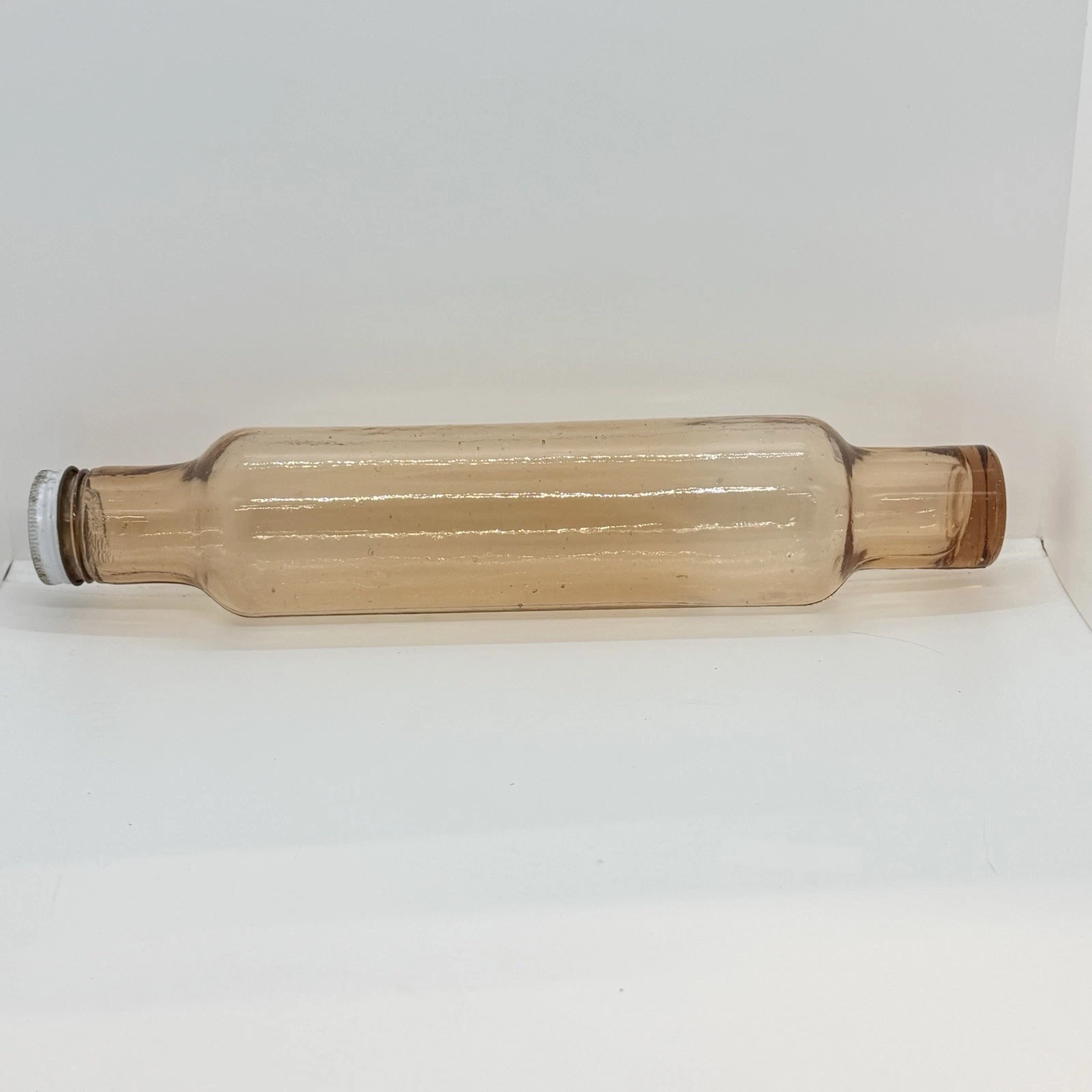 Vtg Pink Depression Glass Rolling Pin Screw Cap 14” Hollow Bubbles