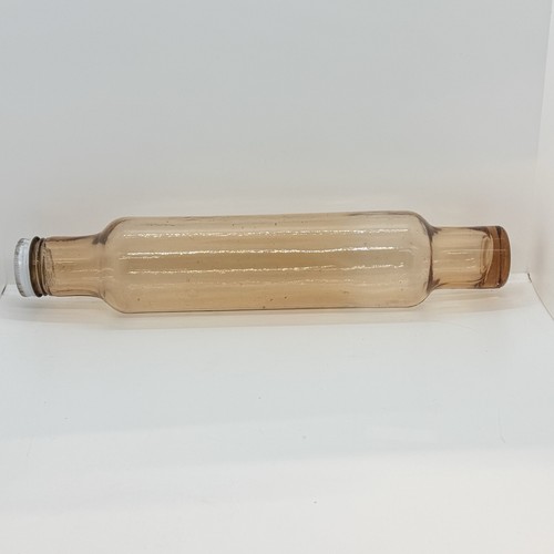 Vtg Pink Depression Glass Rolling Pin Screw Cap 14” Hollow Bubbles
