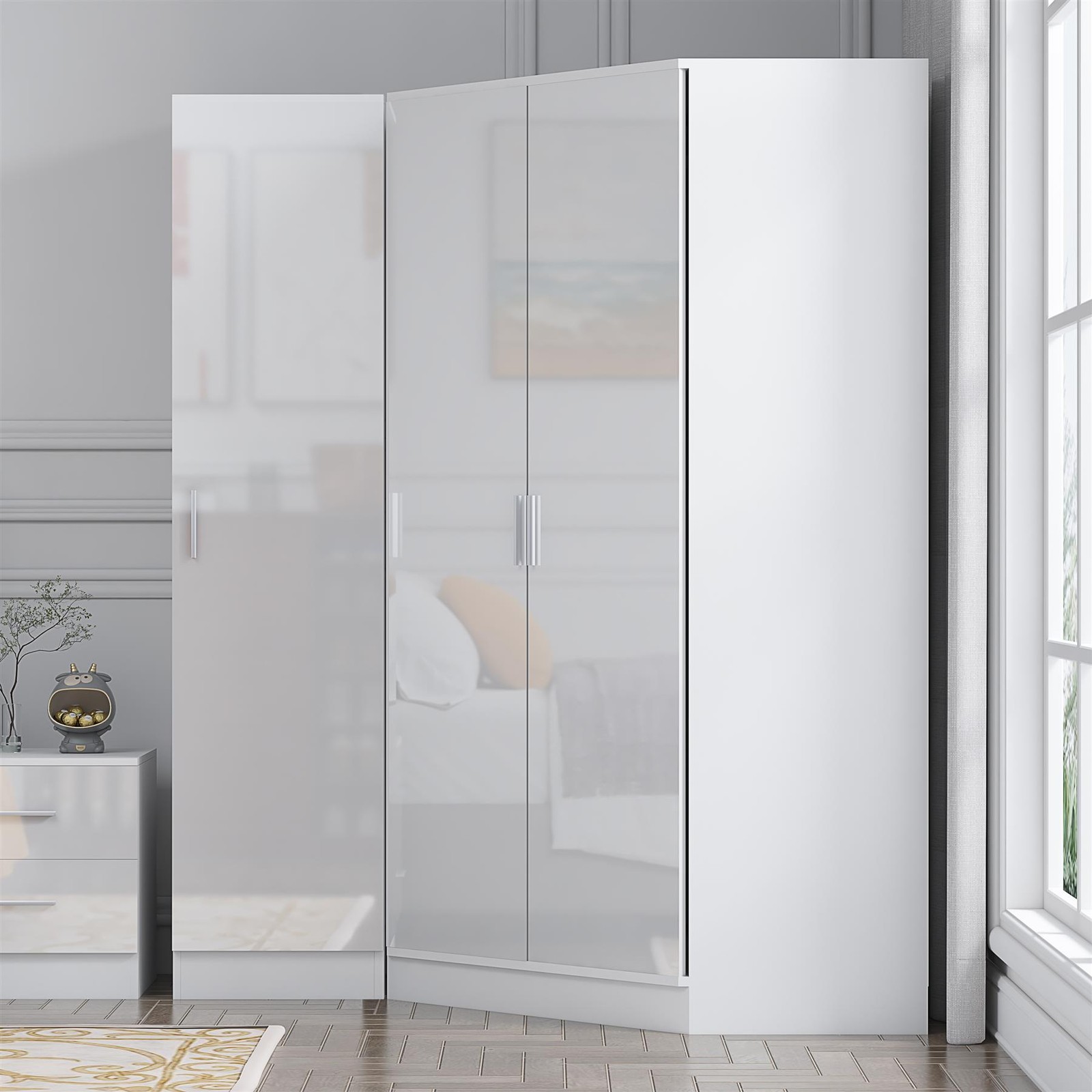 REFLECT Corner + 1 Door Wardrobes - White Gloss / White Matt Finish