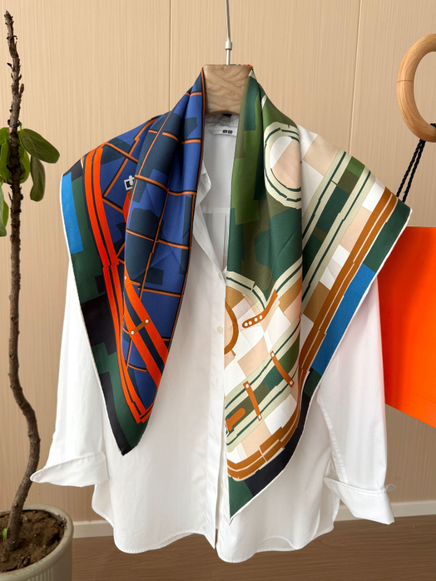 Pure 18 Momme Twill Silk Wrap Scarf Bandanna Orange grid Print Square Shawl 35''