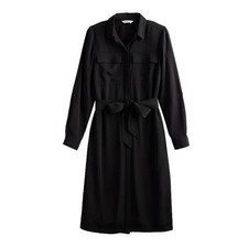 Nine West Size XXL Black Utility Midi Shirt Dress Pockets Tie Sash Long Sleeve