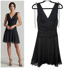 Express Black 100% Silk Chiffon Cocktail Dress XS (0) Sheer Babydoll Ruched LBD