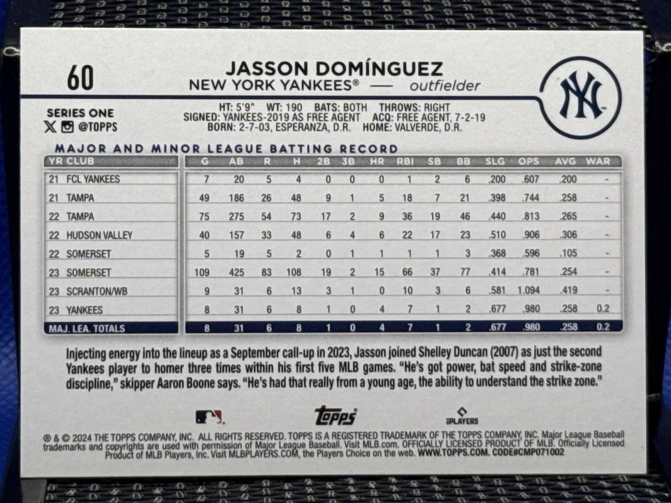 2024 Topps Series One JASSON DOMINGUEZ RC Rookie Card Yankees Base 60 - Image 2 of 2