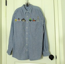 Vintage 90s Looney Tunes Shirt Men's Large Striped Denim Embroidered Warner Bros