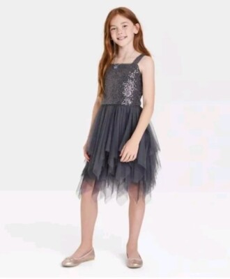 Girls' Sequin Tiered Tulle Dress - Cat & Jack Charcoal Gray XL