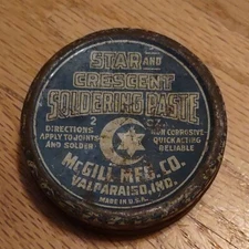 VINTAGE STAR AND CRESENT SOLDERING PASTE TIN GREAT GRAPHICS AND LOOKS