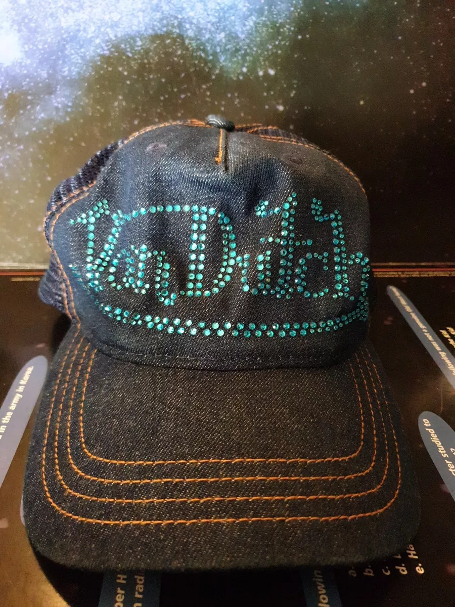 Rare Von Dutch Blue Denim Rhinestone Snap Back Trucker Hat EUC